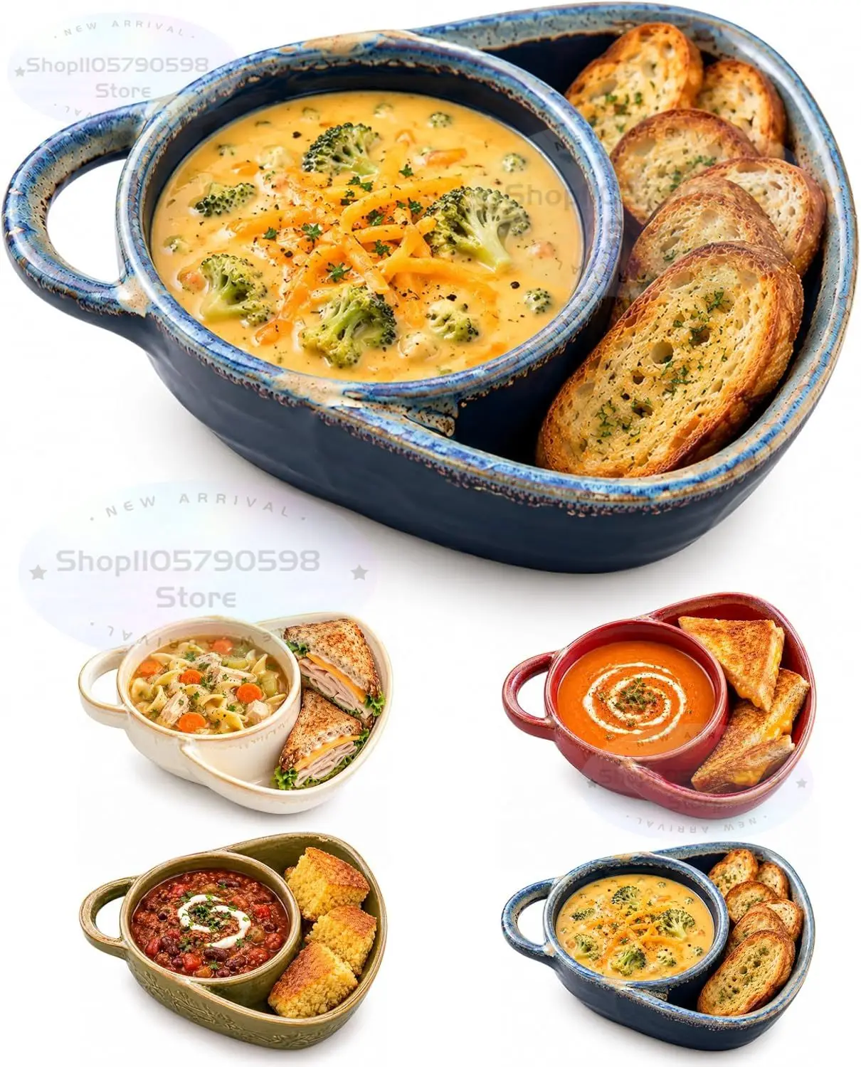 Soup & Sandwich Bowl with Side Compartment and Handle,Ceramic Soup and Bread Bowl Combo,Divided Plate for Chili,Salad and Snacks