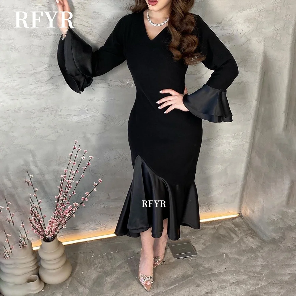

RFYR Black Evening Dresses Mermaid Party Dress Long Flare Sleeve Elegant Princess Gala Dress for Women Customized