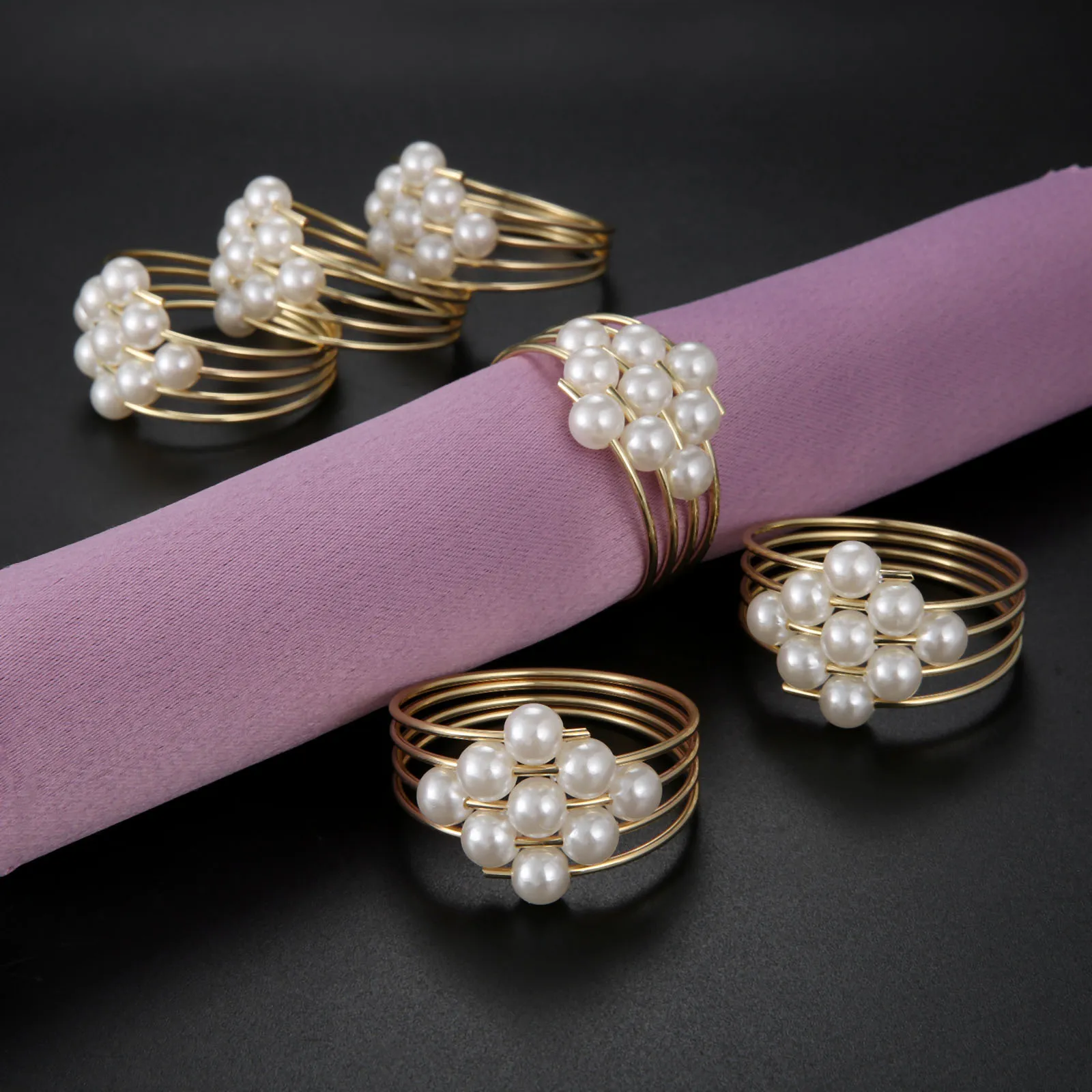 6Pcs Exquisite Pearl Napkin Rings Metal Christening Banquet Dinner Table Serviette Napkin Buckle Holder Wedding Party Decoration