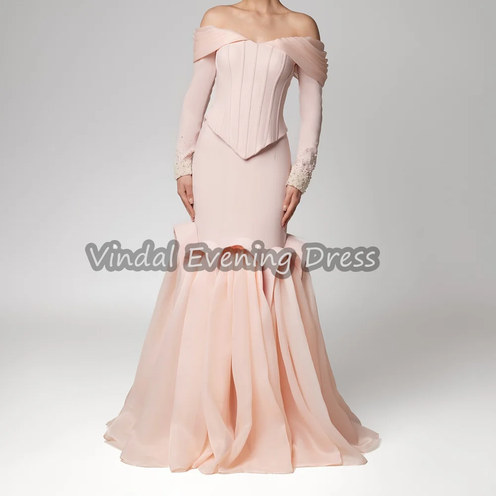 

Vindal Crepe A-line Off-the-shoulder Neckline Pleats Simple Evening Dresses For Women 2025 With Long Sleeves Arab Party Dress