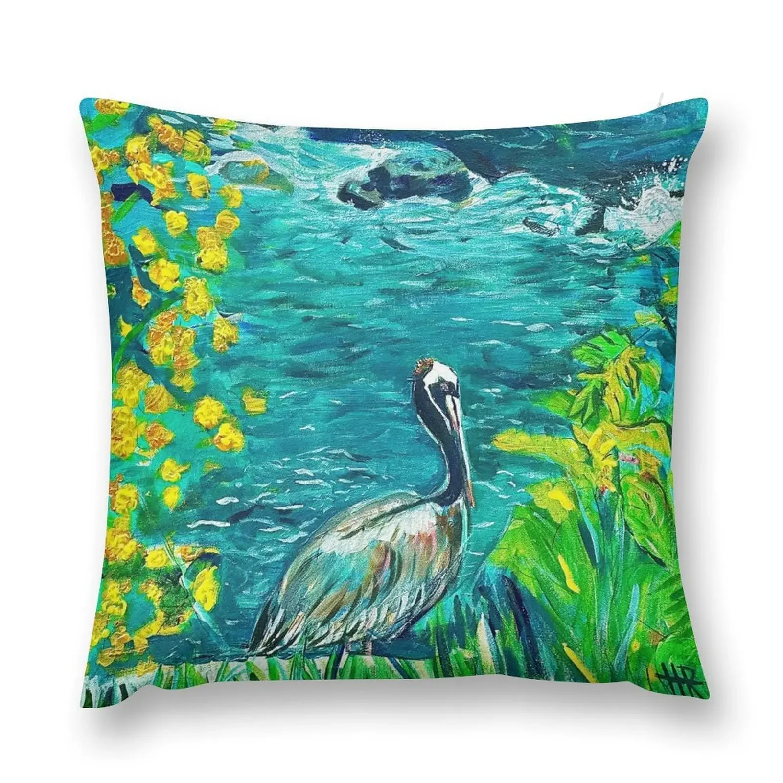 Pelican at La Jolla Cove. San Diego, CA - 20 x 30 in. acrylic on canvas Throw Pillow Sitting Cushion pillow