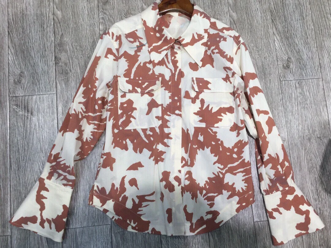 2024 New White Brown Floral Print Turn Down Collar Long Sleeve Blouse Tops