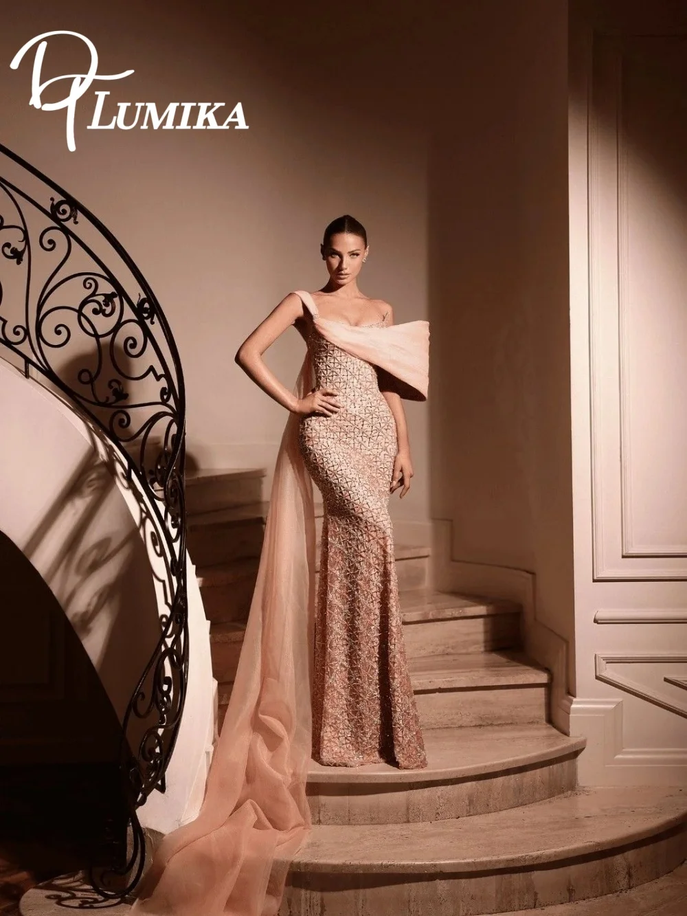 

Luxury Champagne Beaded Mermaid Evening Dress 2026 One Shoulder Draped Tulle Overlay Hand Beaded Formal Gown Train فساتين سهرة