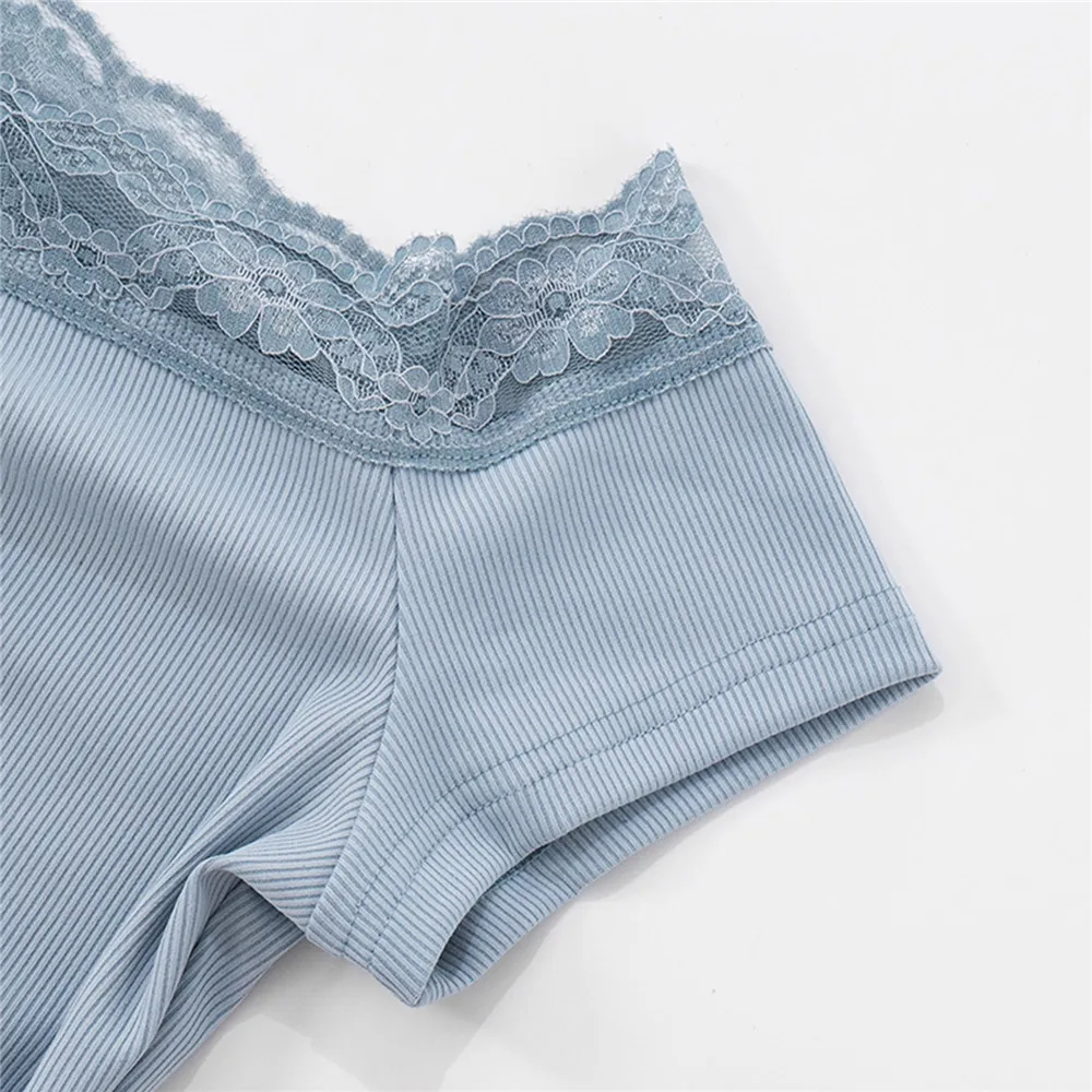 

Women Lace Trim Off Shoulder Tops Summer Slim Fit Ruched Short Sleeve Cropped T-shirts Casual Solid Color Tee for Streetwear Y2K