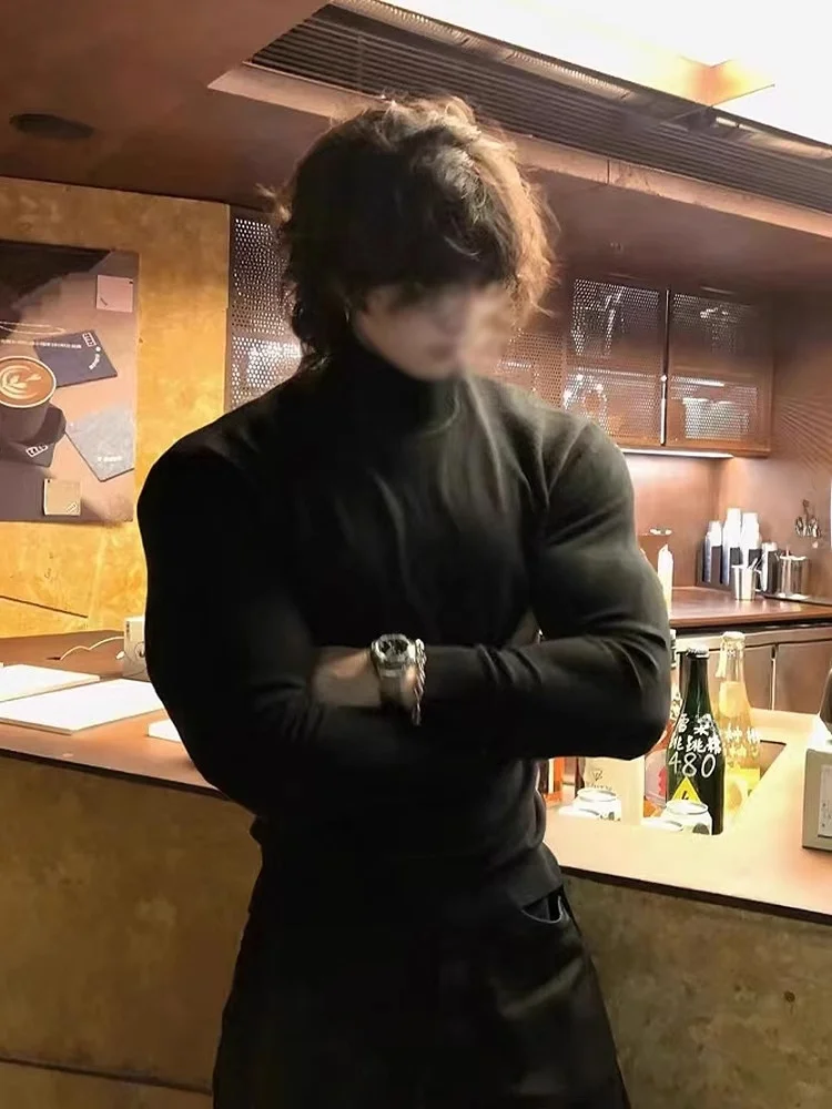 Black Men's Long Sleeve Base Shirt Half High Collar Fitness Inner Wear Sweatshirt Cleanfit Slim Fit T-Shirt Casual Style