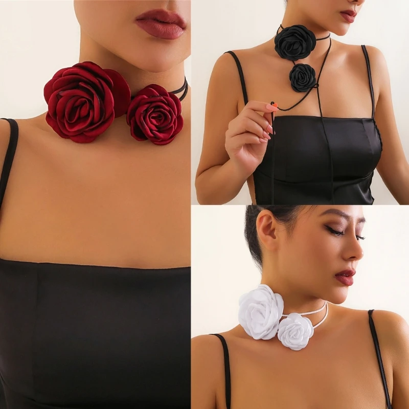 

Lace-Up Rope Chain with Black/Red/White Rose Flower Choker for Women Wed Wear