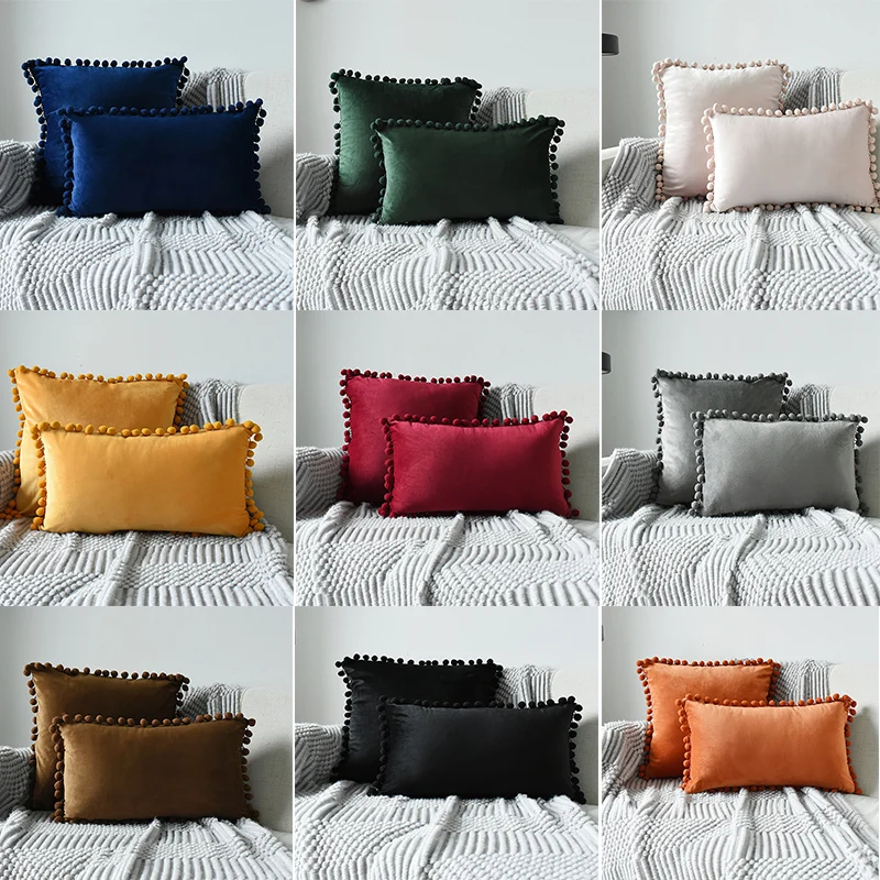 Throw Pillow Covers Pom Pom, Decorative Pillowcases Bed Sofa Couch, Cushion Bedroom Living Room, Velvet Square Euro Sham Pompoms