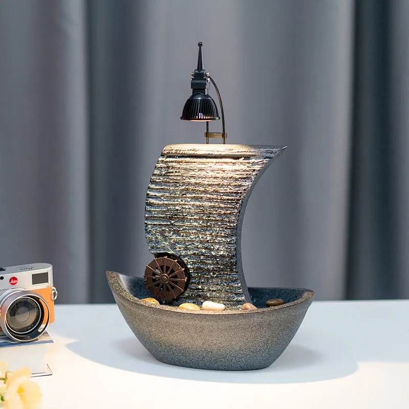 Feng Shui Sailboat Fountain for Wealth, LED Light & Water Pump Decor, Recirculating Water Feature for Office ,Grand Opening Gift