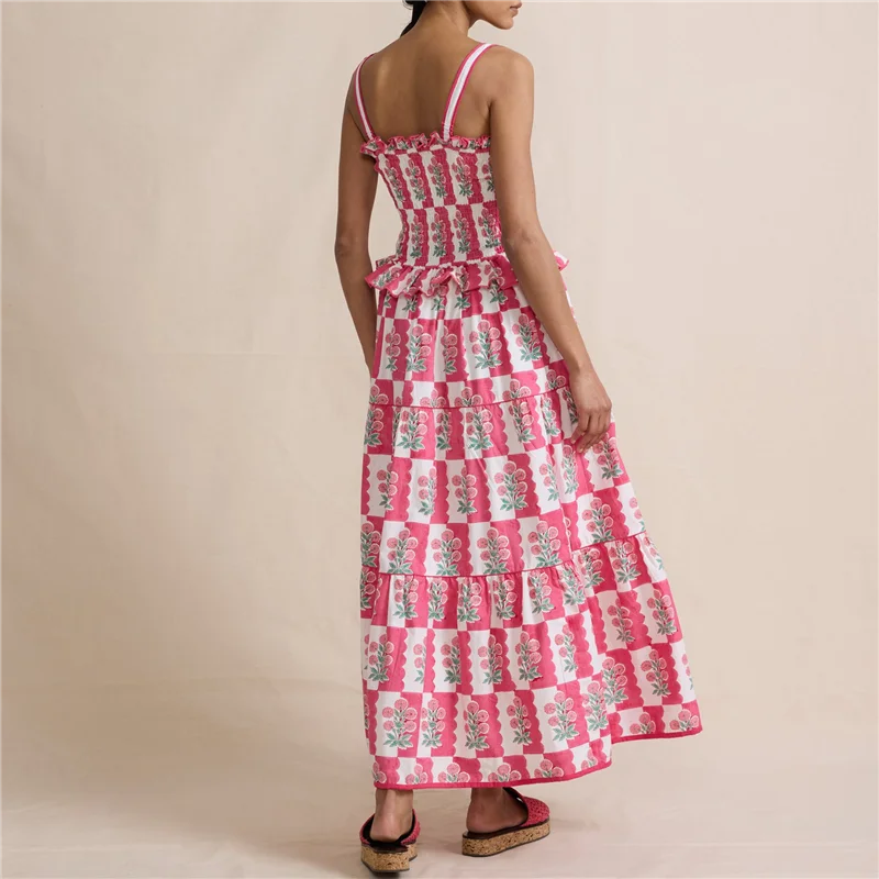 Abito estivo da donna Boho con cravatta sulla spalla Y2k Abito lungo fluido smock floreale con volant a strati Beach Vocation Sundress-A55G