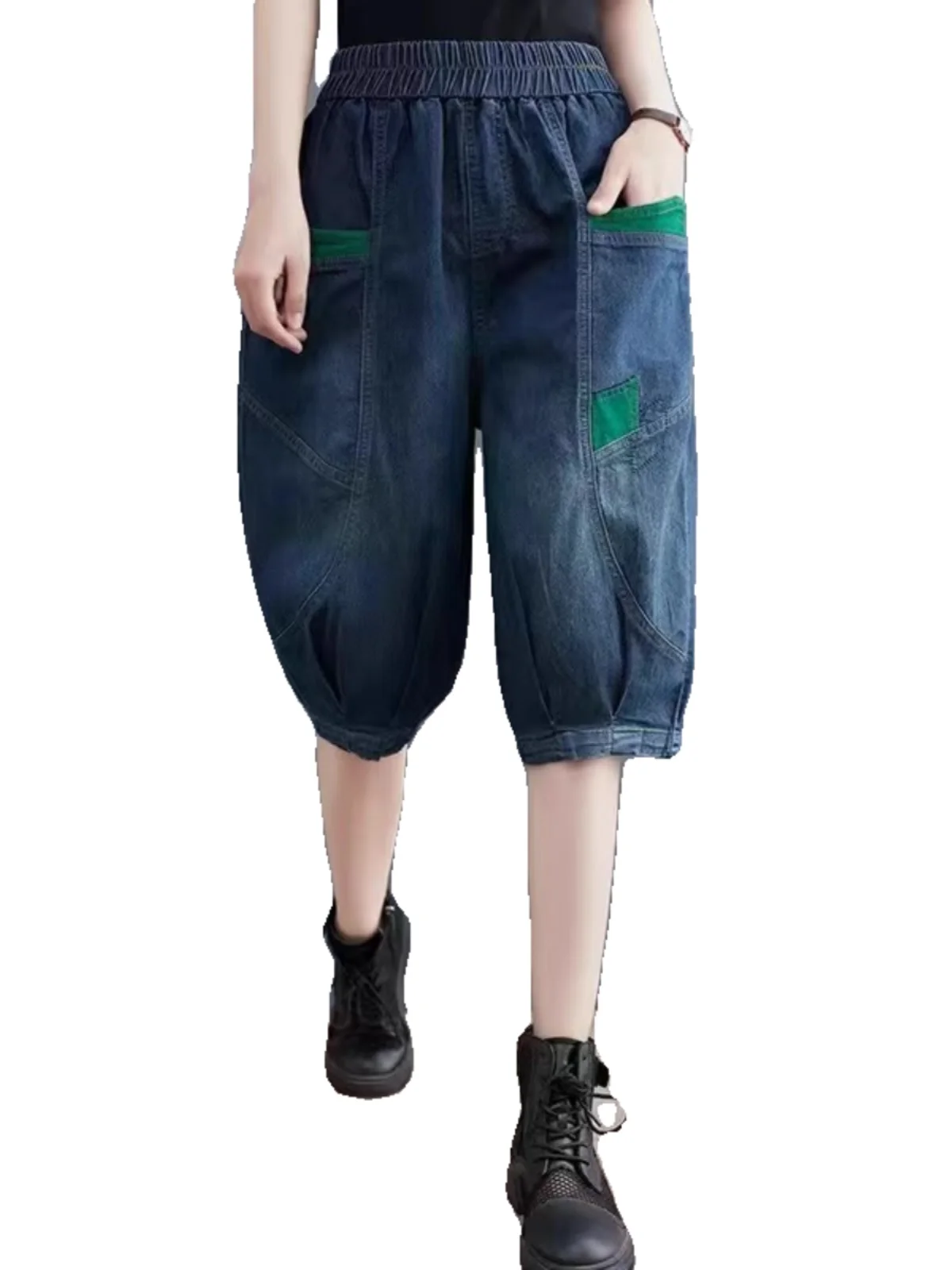 

Джинсовые брюки из шести частей в стиле ретро с героями мультфильмов для девочек, женские летние тонкие свободные брюки с пятью деталями Харлан, средние брюки с высокой талией, фонарь...