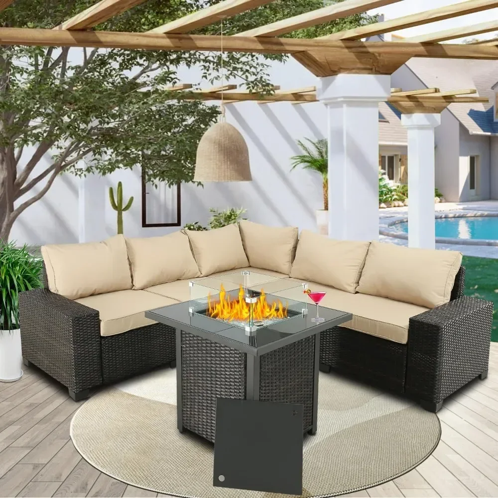 Balcony Furniture PE Rattan Wicker Outdoor Sectional with Washable Cushion and Fire Pit Table for Garden, Poolside, Balcony