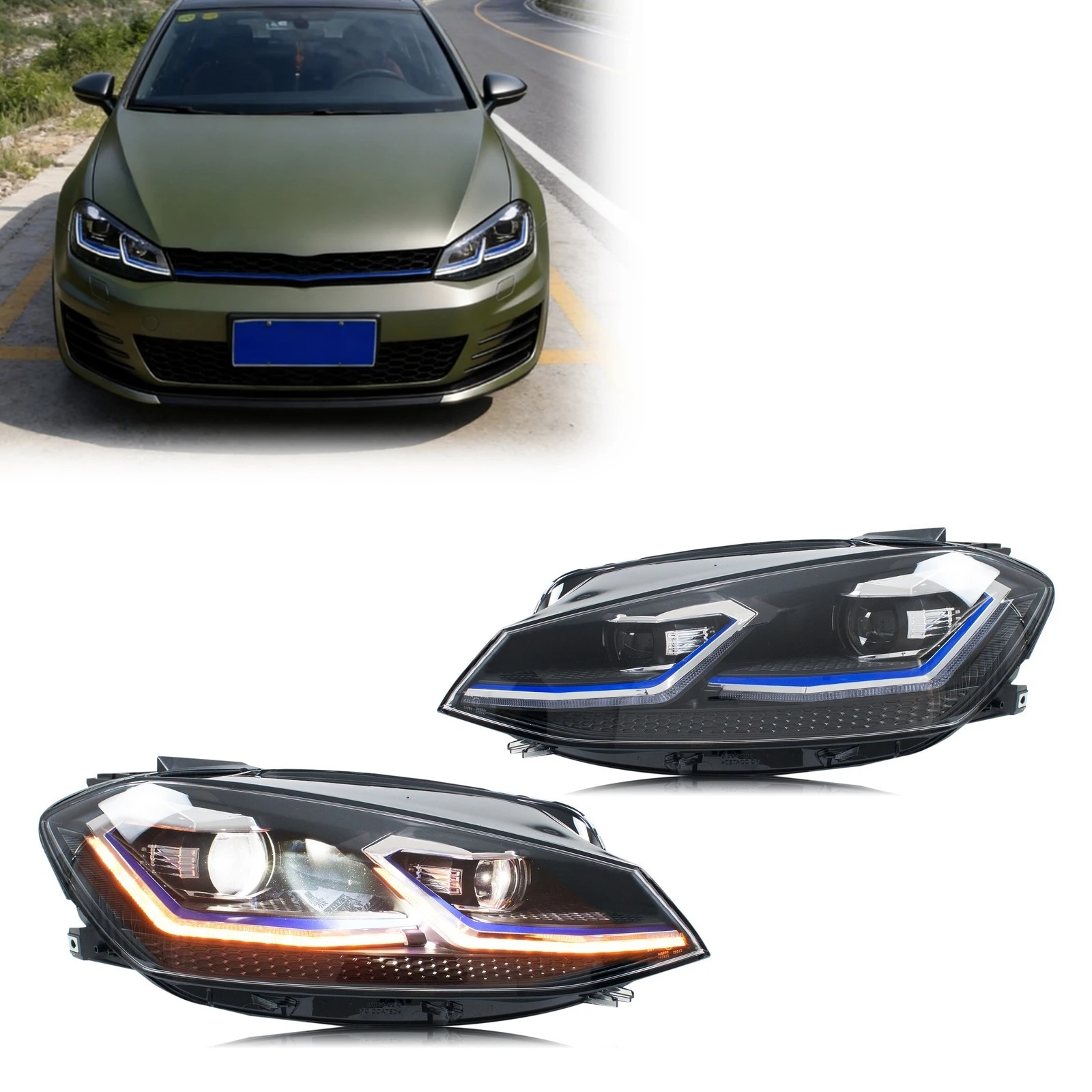 Fari a LED per Volkswagen VW Golf 7.5 MK7.5 VII 2018-2021 TDI TSI DRL con Linea Blu, Gruppo Luci Anteriori [Non Compatibile con GTI/R/GTD]
