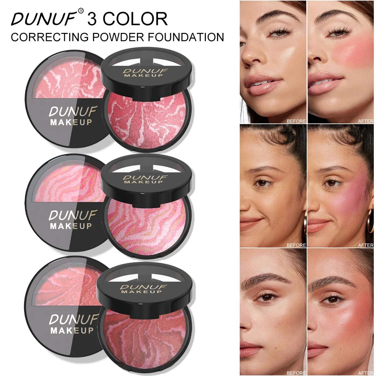 Paleta de rubor resistente al agua y de larga duración, polvo horneado de 3 colores, colorete suave ligero y transpirable, base correctora, maquillaje de 60g