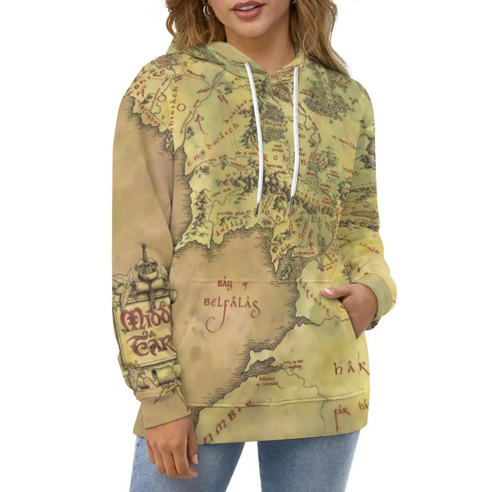 

Middle Earth Map Casual Hoodies World Maps Print Design Loose Hoodie Winter Long Sleeve Harajuku Oversized Clothing Gift Idea