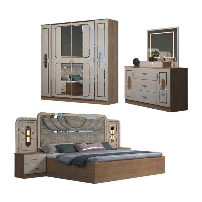 &High Quality Double Wooden Frame King Size Bed Room Set Cheap Luxury Wood Queen Modern Home Furniture Bedroom Sets