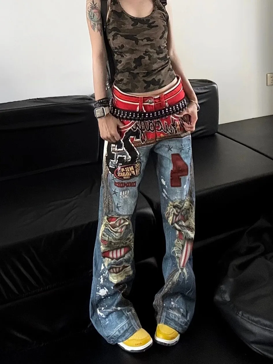 American Street Style Wide Leg Jeans Digital Print Loose Fit Slimming Bell Bottoms Men's Women's Fashionable Long Trousers