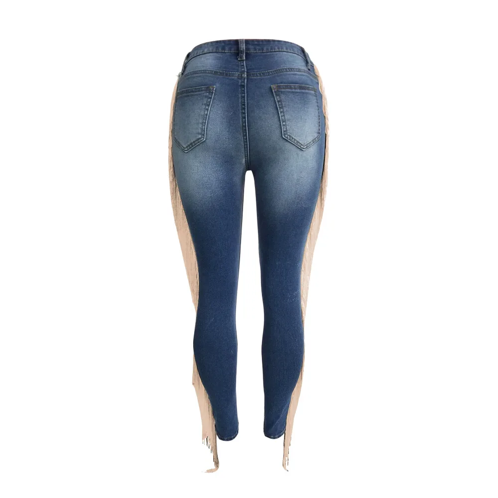 Jeans da donna Autunno Inverno Moda Vita alta Pantaloni in denim con nappe strappate Streetwear Pantaloni jeans skinny con frange casual da donna