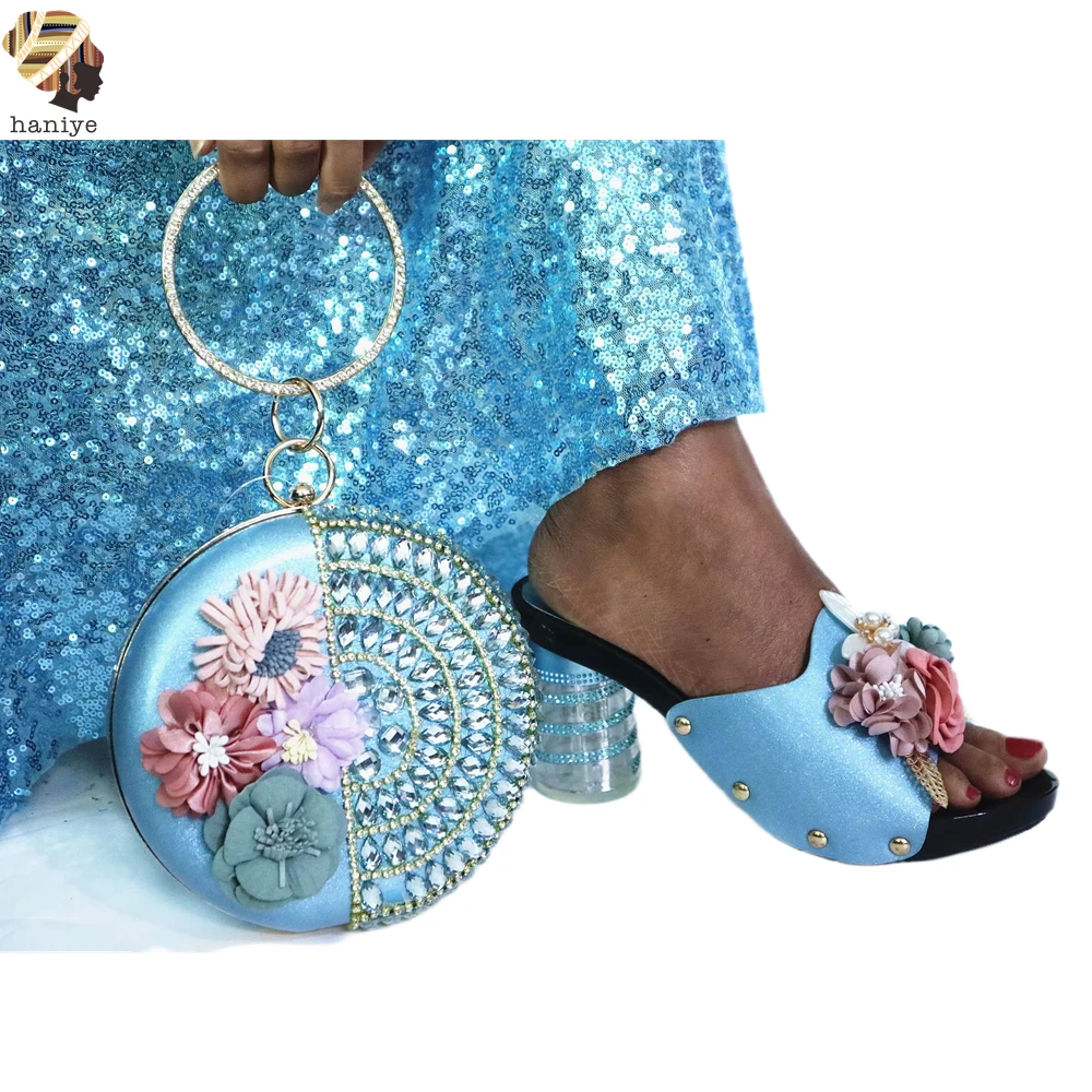 Round Shape Bag with Chunky Shoes With Crystal Style Peep Toes Shoes Matching Clutch Bag For Wedding