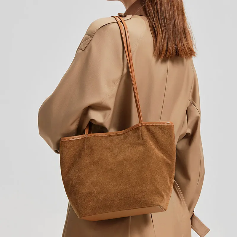 

2025 New Women's Tote Bag Fashion Suede Shoulder Bag Luxury Designer Frosted Cow Leather Women Bucket Bags Female Handbags