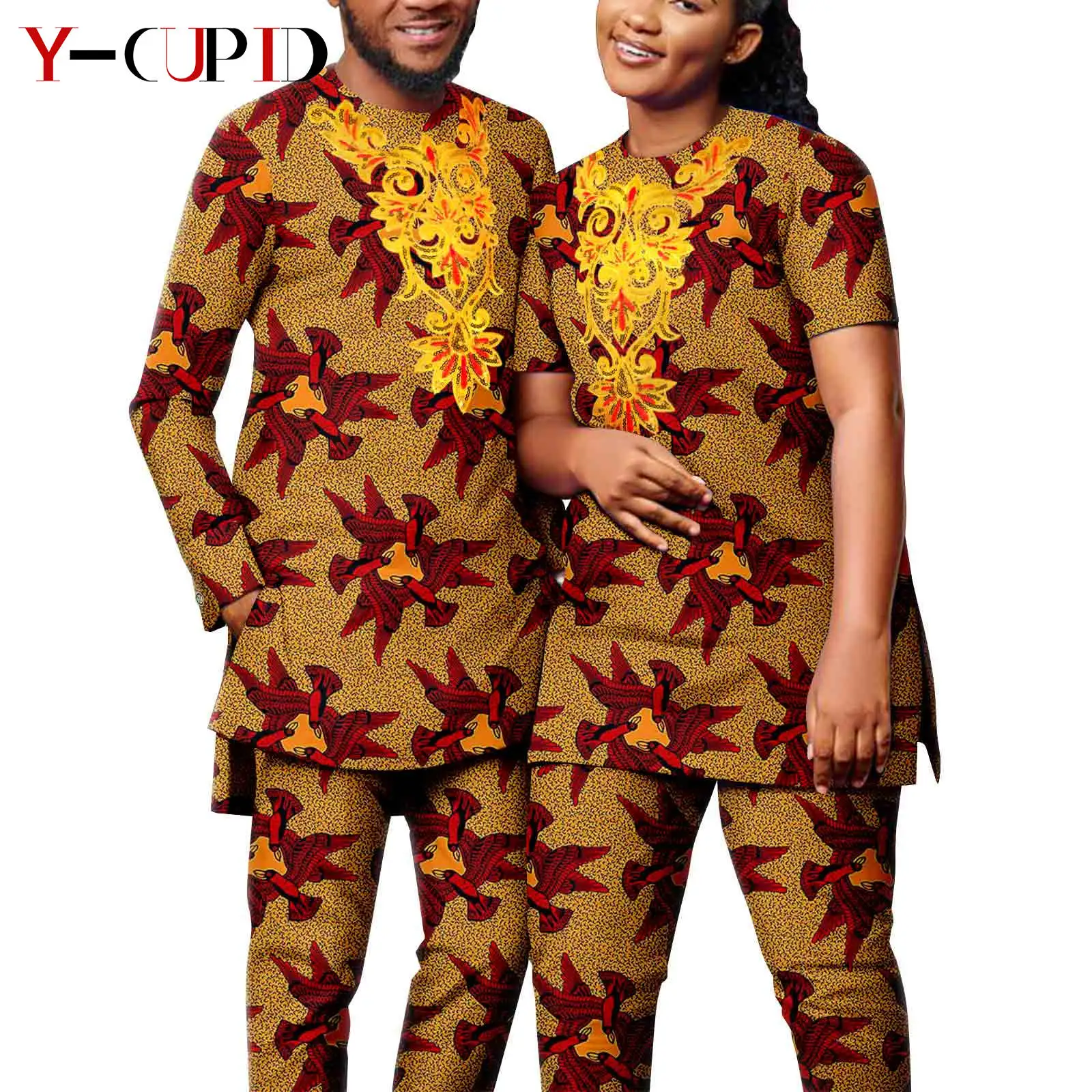 

Matching Couple Clothes Bazin Riche African Women Print Top and Pants Sets Dashiki Men Appliques Outfits Kaftan Attire Y23C061