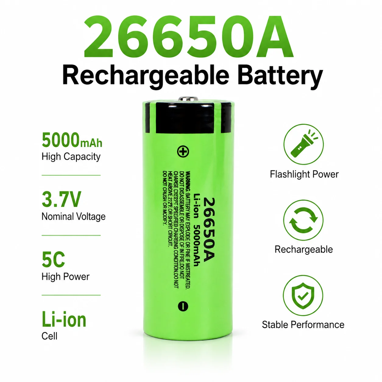 10PCS 3.7V 26650A 5000mAh 5C High Power Rechargeable Lithium Battery Li-ion Cell for Strong Light Flashlight