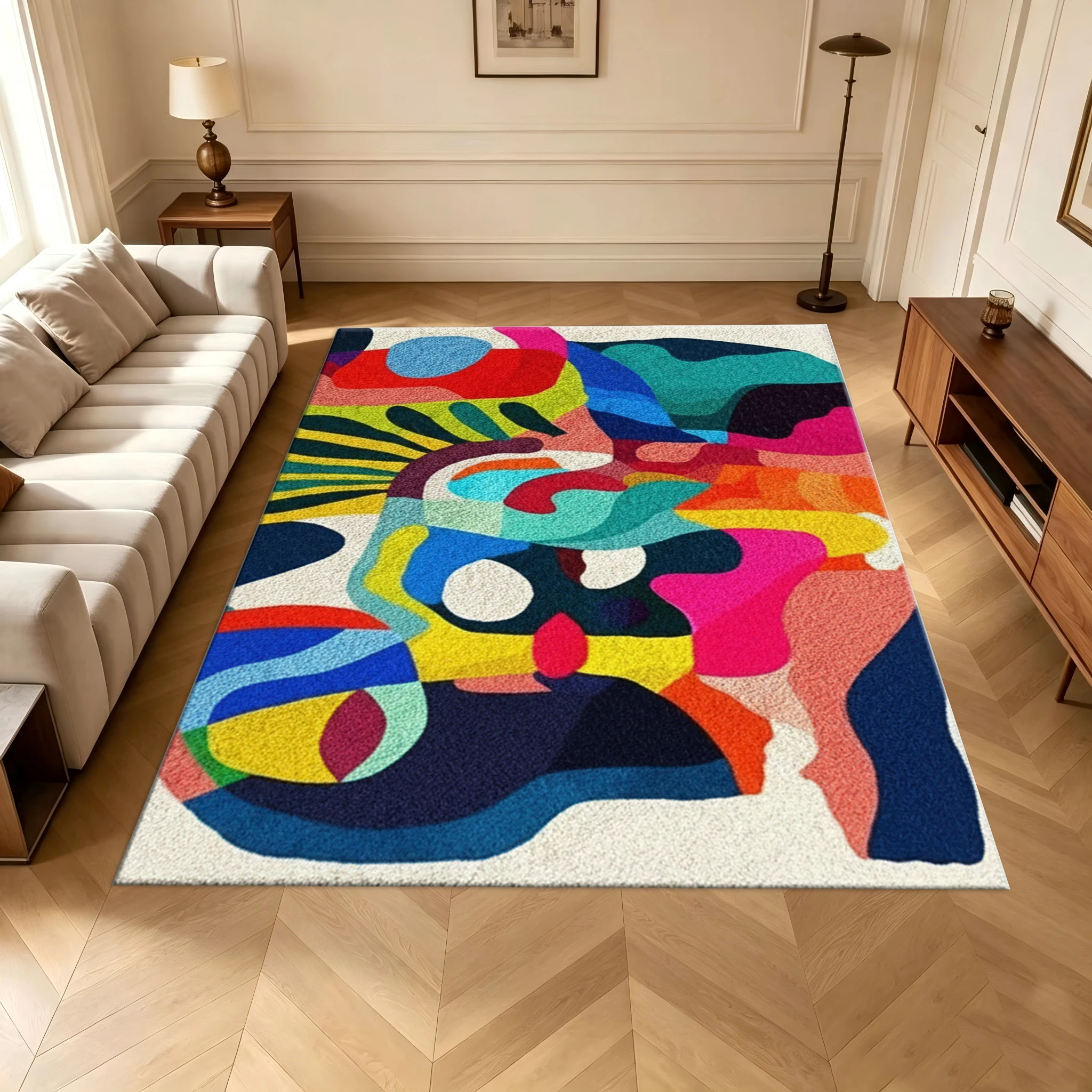 Bright Multi-Color Fluid Abstract Print Carpet with Irregular Color Blocks, Home Decor Rug