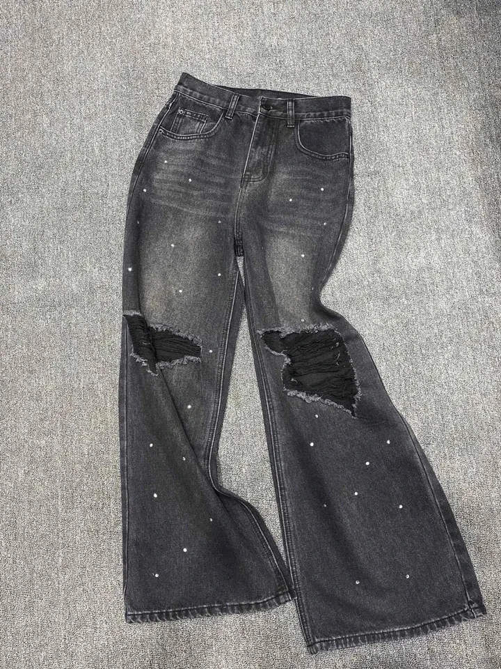 

2024 Spring Summer New Women Hole High Quality Diamonds Wide Leg Pants Female Chic Jeans