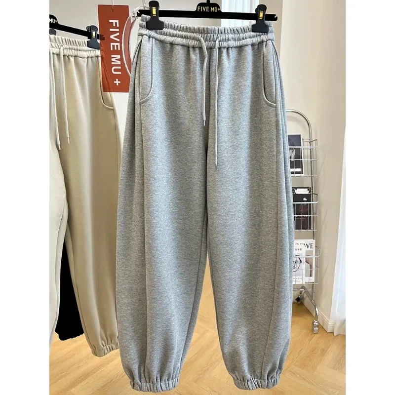 Fashionable Elastic Waist Drawstring Pleated Loose Leggings Sweatpants for Women Autumn Sports Casual Harem Pants