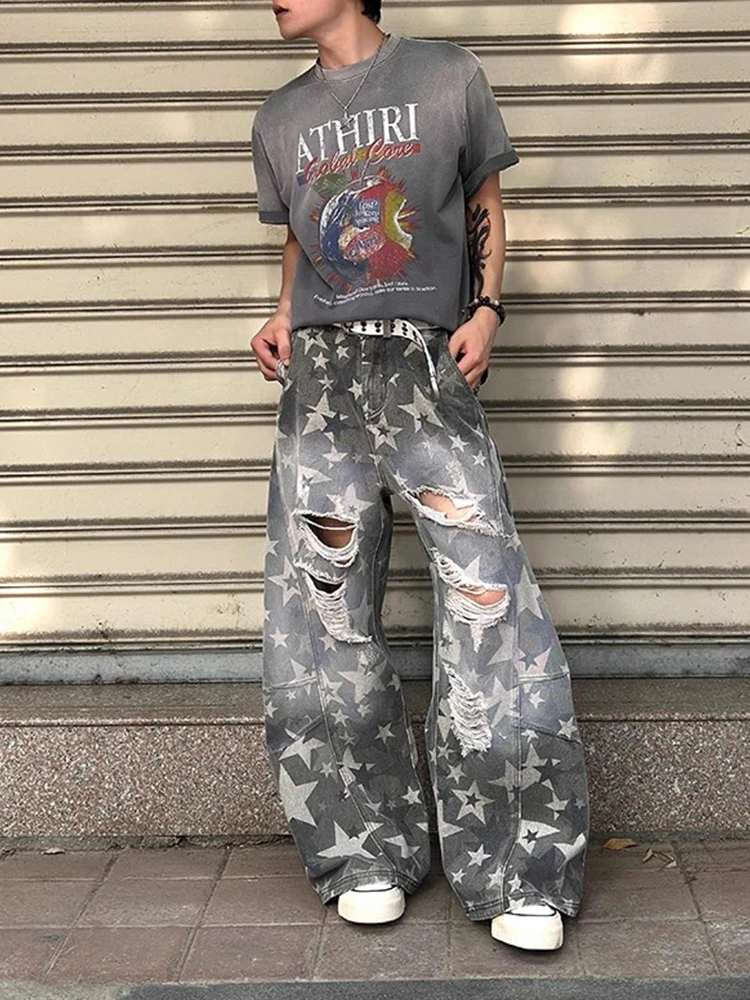 ReddaChic ستار التمويه واسعة الساق الجينز للرجال متزلج الرجعية الدنيم ممزق ثقوب واسعة الساق برميل السراويل الفضفاضة فاسق Y2k الشارع الشهير