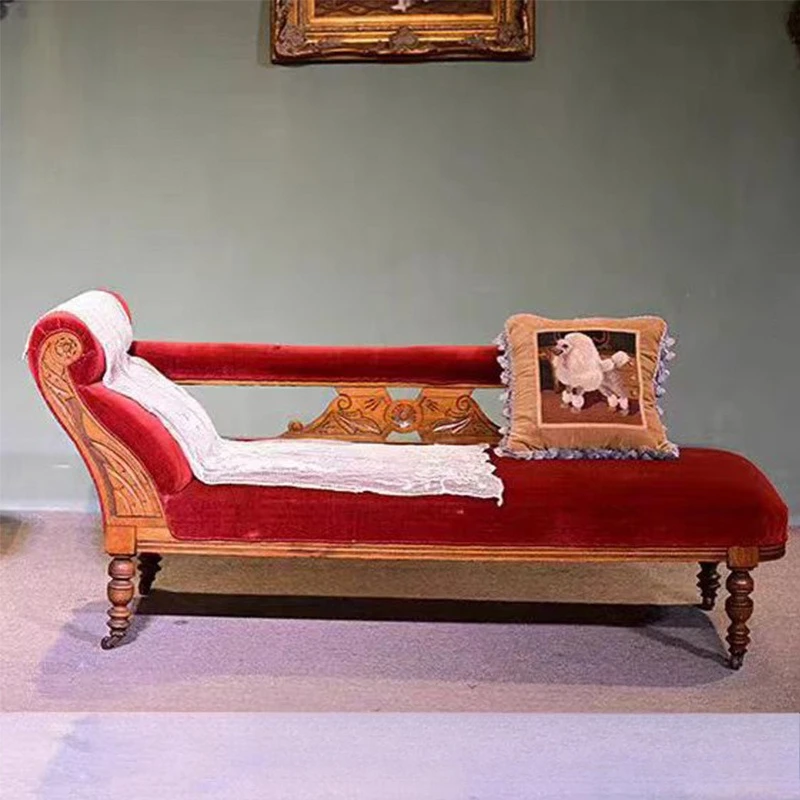American country bedroom balcony flannel chaise longue antique sofa solid wood old carved retro retro recliner