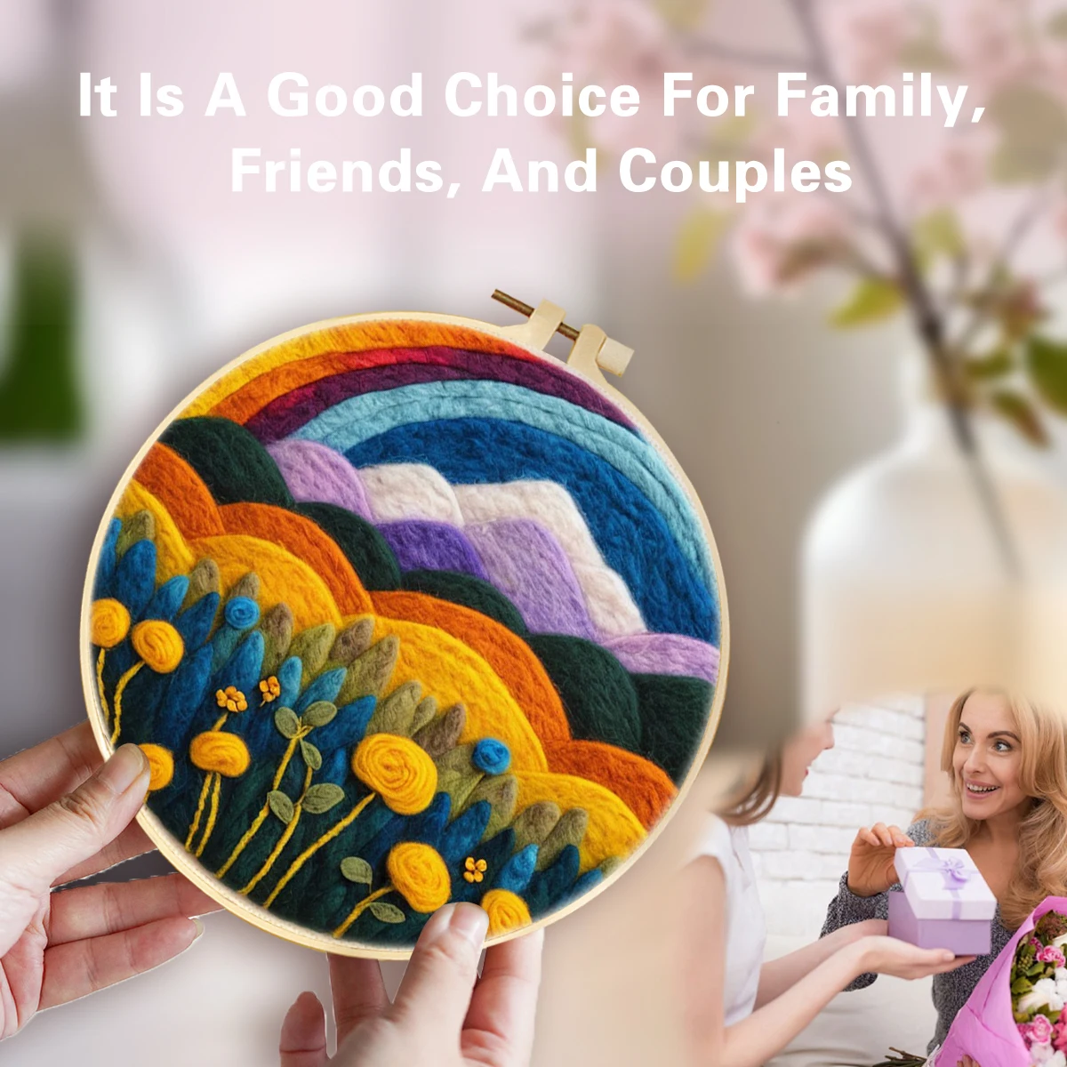 CHENISTORY DIY 20x20cm Needle FeltingPainting Kit with Embroidery Hoop Rainbow Scenery Wool Craft Set for Beginners Home Decor