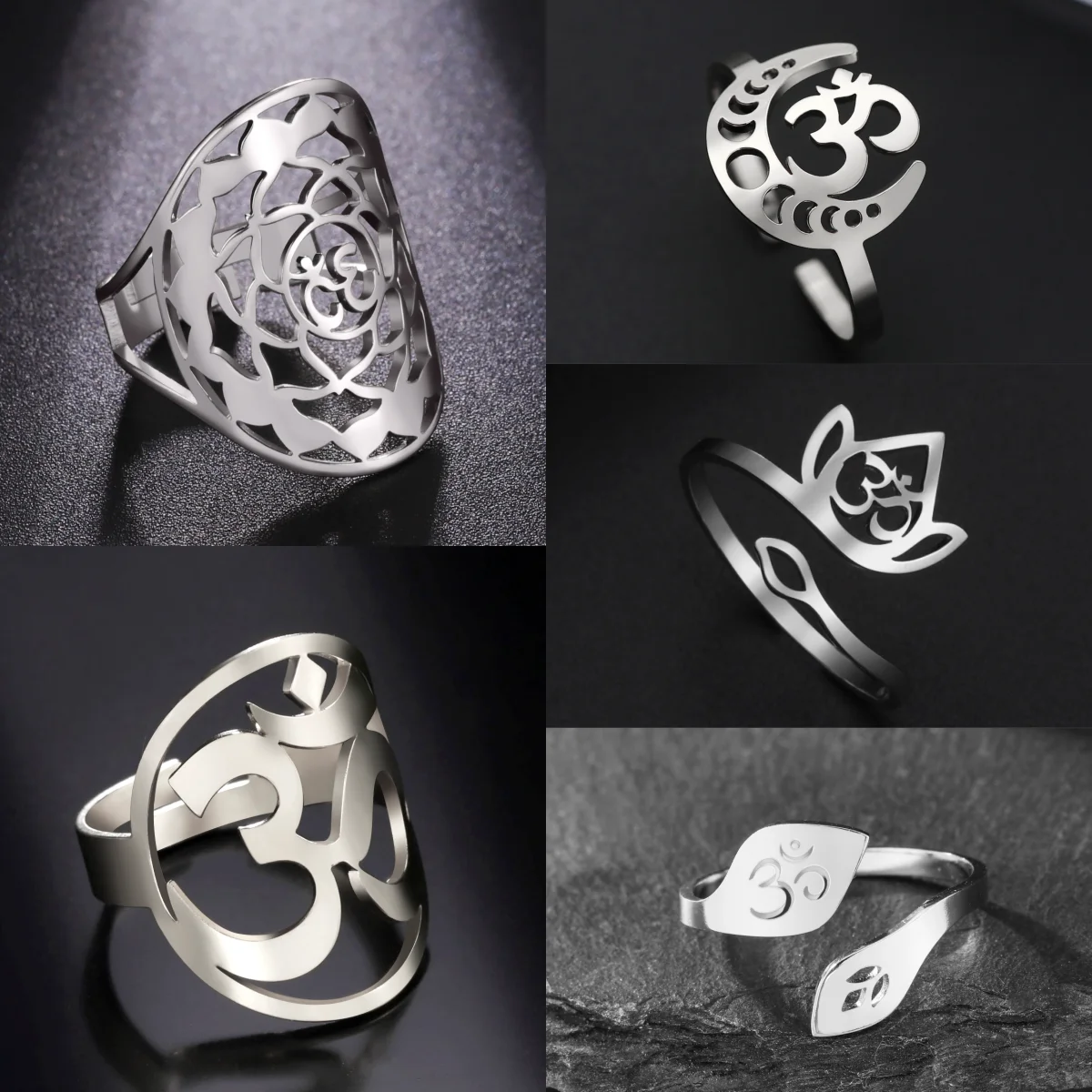 LIKGREAT Lotus OM Chakra Symbol Adjustable Rings Woman Amulet Stainless Steel Religion AUM Buddhism Jewelry Hindu Gift Wholesale