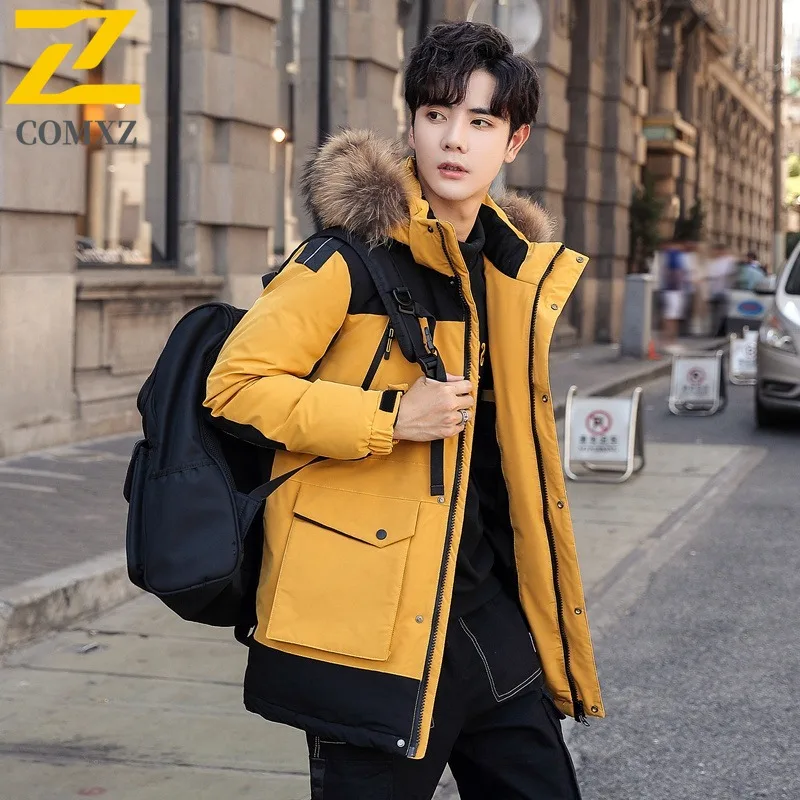 Coxz novo fofo 90 para baixo jaqueta masculina gola casual leve gola de pele quente com capuz casaco puffer zíper cor pura na moda parka