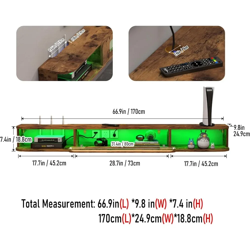 Soporte de TV flotante con luces LED, armario de TV montado en la pared de 67 pulgadas con puerta de vidrio y 2 armarios, Centro de consola de medios de entretenimiento