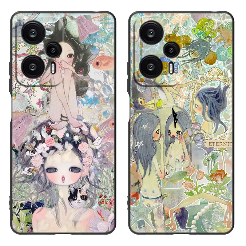 Aya Takano Funky art Cartoon Cover Black Phone Case For Xiaomi Mi POCO X6 Pro 5G F5 M6 X5 X4 Pro X3 NFC M5 M4 M3 F2 Pro F4 F3 GT