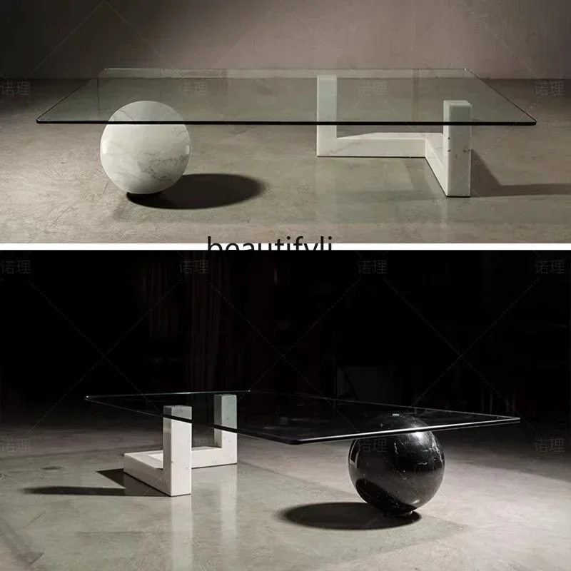 

cqyLight luxury personalized natural marble creative table extremely simple transparent square tempered glass coffee table