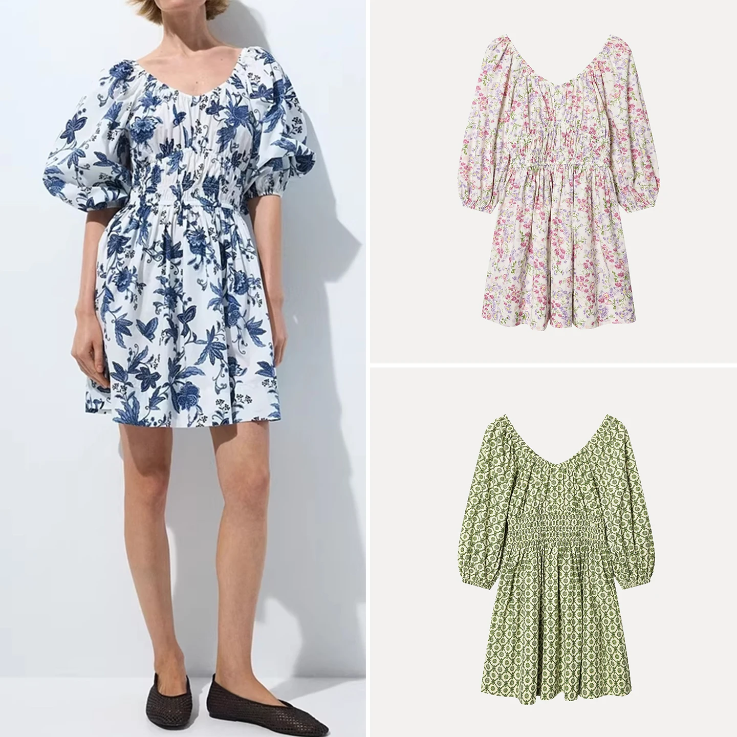 

Модное весеннее женское платье с цветочным принтом, V-образным вырезом, пышными рукавами, подолом-баллон, повседневное, приталенное, с коротким рукавом