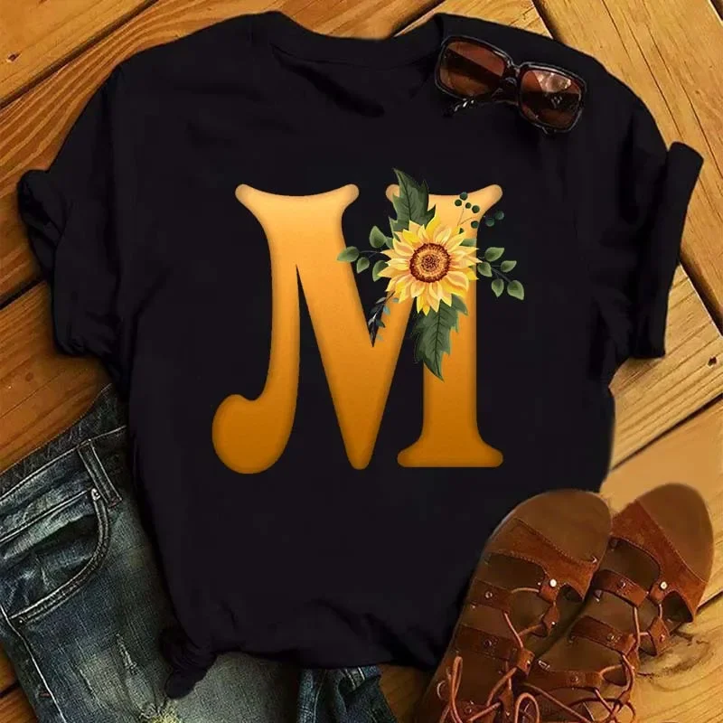 Women's T Shirt Custom Name Letter Combination Print Tshirt Sunflower Letter Font A B C D E F G Short Sleeve Ladies Tops