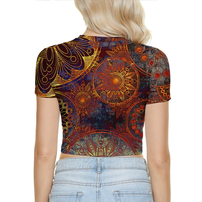 Boêmio mandala impressão colheita topo boho estilo chique roupa de verão único estampado camiseta ajuste confortável perfeito para festivais de música