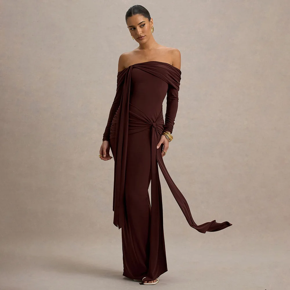 

Sexy Brown Women's Prom Dress Off Shoulder Full Sleeves Long Sheath Slim Robe Party Gown Forma Birthday Beach Holiday Skirt