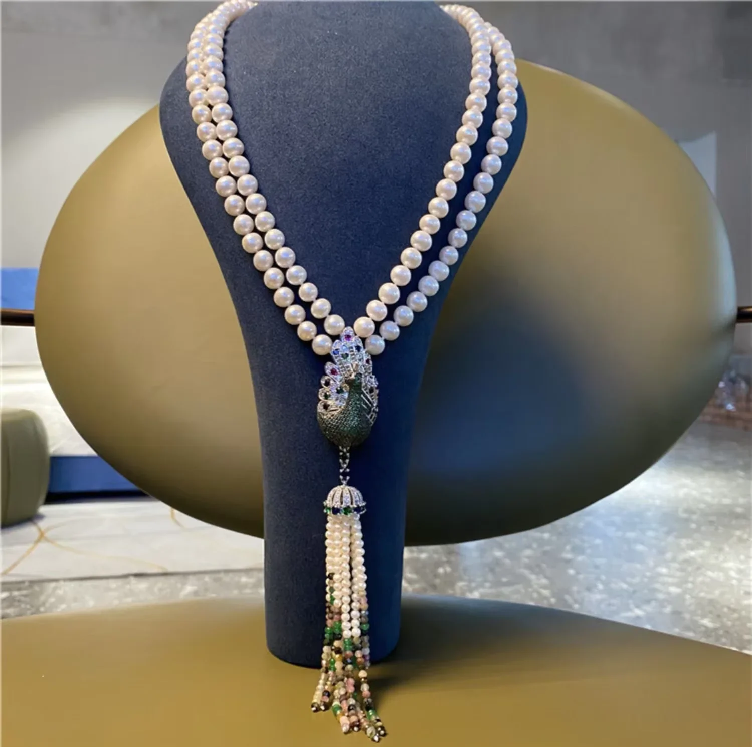 

Natural 2 Strands Freshwater Cultured White Pearl And Mutil-Color Jade Necklace CZ Cubic Zirconia Pave Peacock Pendant