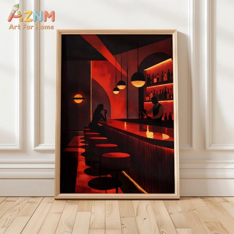 Retro Red Black Bar Scene Canvas Wall Art Moody Night Club Art Deco Style Cocktail Modern Home Wall Print Unframed Canvas Poster