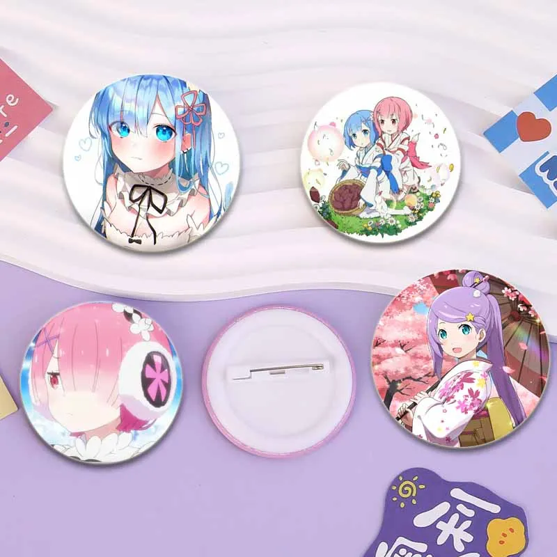 Anime Re Zero Starting Life in Another World Brooches Beatrice Emilia Rem Ram Badge Round Display Lapel Pins Gift Accessorie