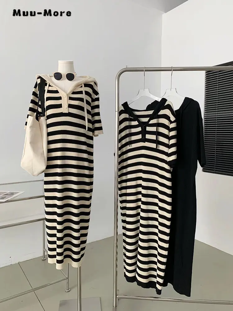 

2023 Summer Women's High Street Short Sleeve Striped Hooded Mid Long Dresses Causal Knitting High Waist Loose A-Line Dress