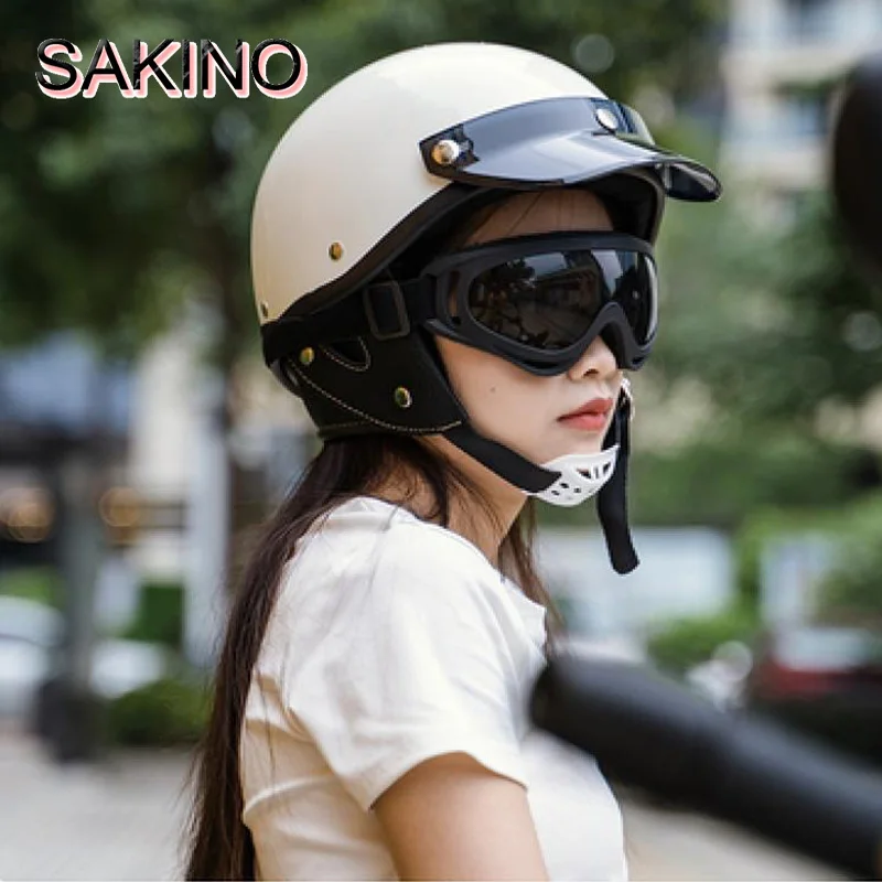 

SAKINO Retro Motorcycle Half Face Helmet Vintage Scooter Cafe Racer 3c Approved Motocross Cruise Helmet Motorcycle Accessories