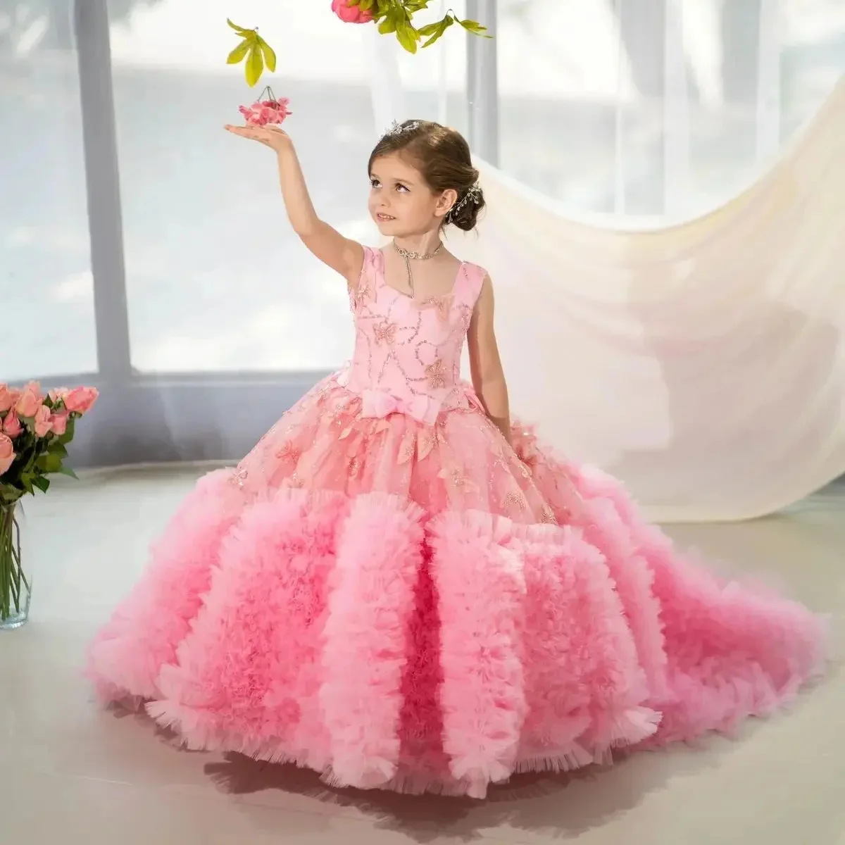 Flower Girl Dress for Wedding Butterfly Appliques Sleeveless Ruffles Tiered First Communion Birthday Party Ball Gown Custom