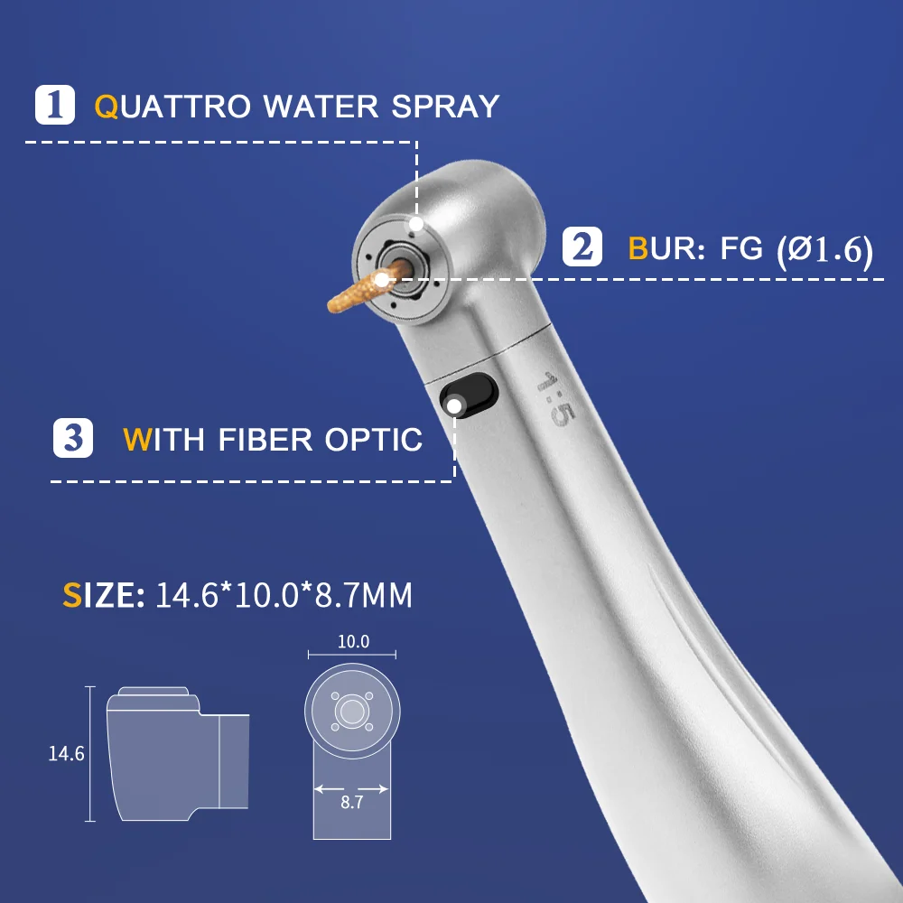 Dental 1:5 Increasing Contra Angle Low Speed Handpiece With Optic Fiber E-type Air Motor Quattro Water Spray Push AI-X95L