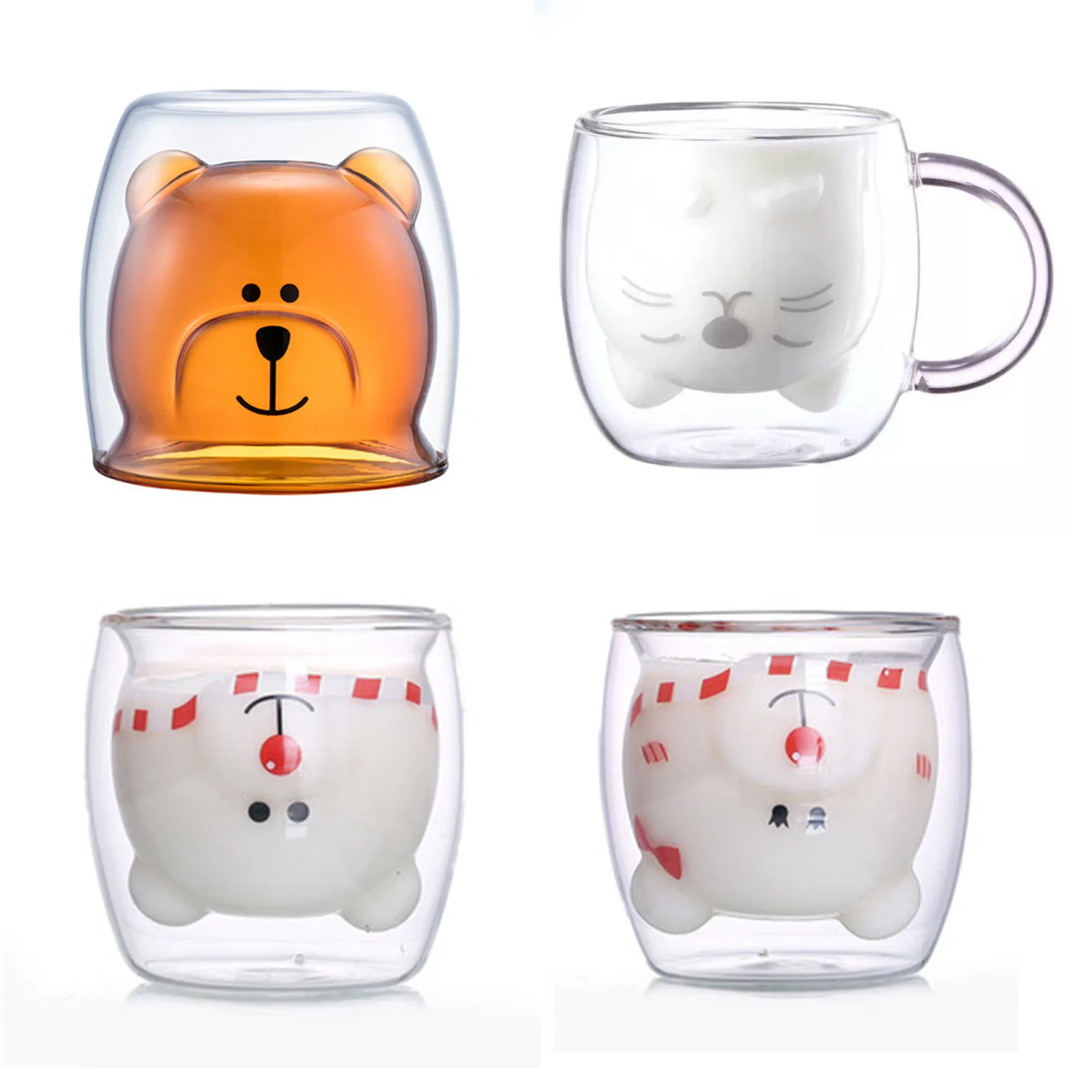 Hot Sale Borosilicate Cute Bear Shape Double Wall Milk Glass Bear Cup Mug Cat Transparent