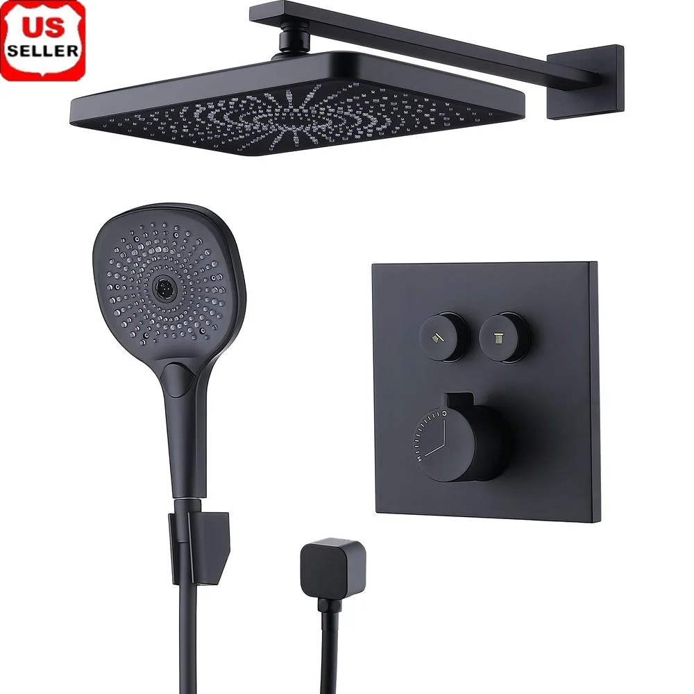 12 Inch Matte Black Shower System with Rainfall and Handheld Heads Pressure Balance Valve Easy Clean Nozzles Multiple Functions