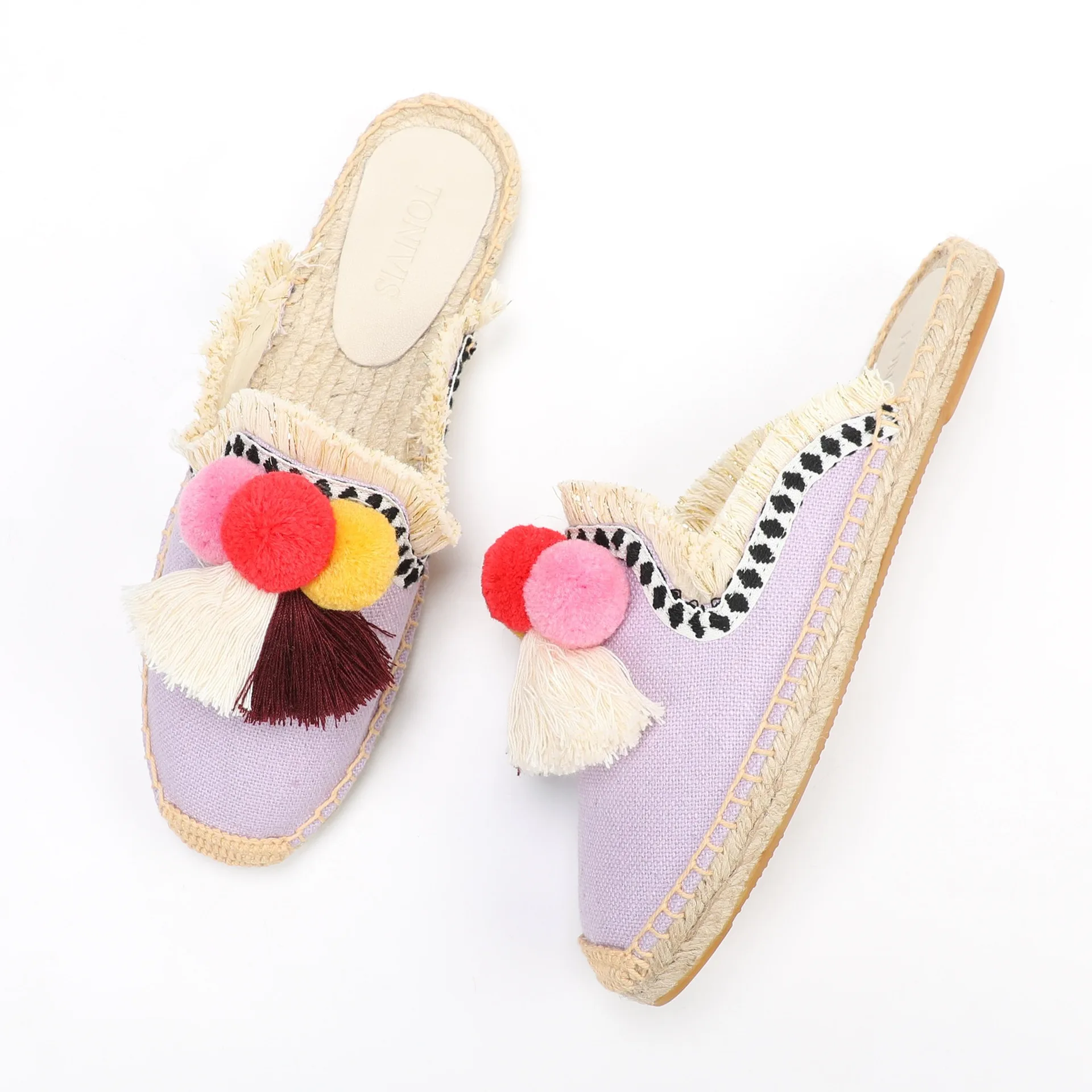 Women Boho Tassel Espadrilles Slippers Linen Slide Sandals Summer Casual Shoes Colorful Pom Flat Shoes